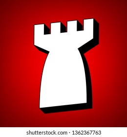 Rook, castle, tower icon. Vector. Perspective view of white icon with black outline at reddish background.