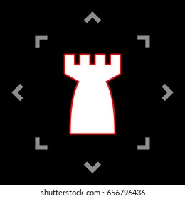 Rook, castle, tower icon. Vector. White icon in gray focus like mandala on black background.