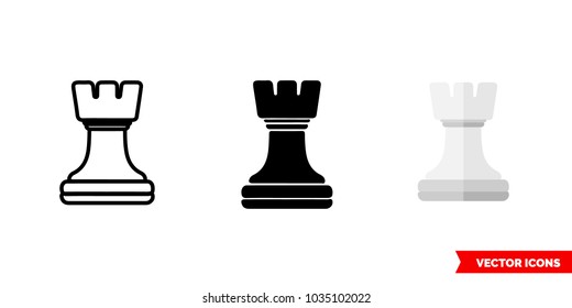 Rook chess icon of 3 types: color, black and white, outline. Isolated vector sign symbol.