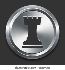 Rook Chess Icon on Metal Internet Button Original Vector Illustration