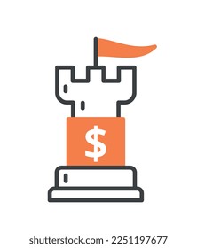 Rook with dollar icon. Crisis proof company or organization. Financial literacy and diversification, safety and security. Interface for programs and applications. Cartoon flat vector illustration