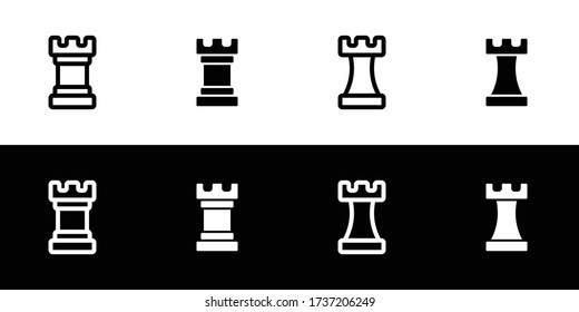 Rook, fort, or defense building icon set. Flat design icon collection isolated on black and white background. 