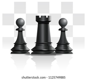 Rook and two pawns. Chess pieces on the background of a chessboard. Chess concept design. Vector illustration