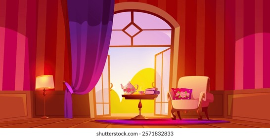 Room with access to the back yard with tea table and armchair in a luxurious royal style. Vector illustration, cartoon. English tea party in a Victorian era estate with access to the terrace