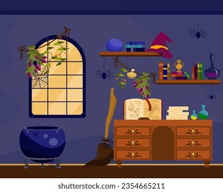 Habitación con accesorios y herramientas de ilustración vectorial de brujas. Interior con caldero, palo de escoba, escritorio y estantes con sombrero de bruja, pociones, libros ortográficos, Halloween, brujería, concepto de decoración