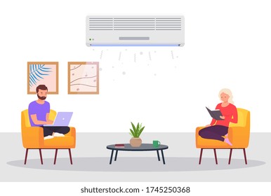 Room with air conditioning and people. Man and a woman work on laptop, relax at home in room with cooling. Concept of climate control indoors.