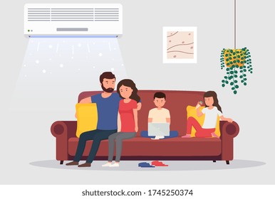 Room with air conditioning and people on couch. Man and woman with children in room with cooling. Concept of climate control indoors.