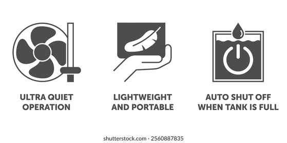 Room air dehumidifier characteristics icons set - Ultra Quiet Operation, Lightweight and Portable, Auto Shut-off when water tank is full. Pictograms for labeling in monochrome style