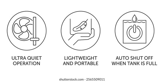 Room air dehumidifier characteristics icons set - Ultra Quiet Operation, Lightweight and Portable, Auto Shut-off when water tank is full. Pictograms for labeling in thin line