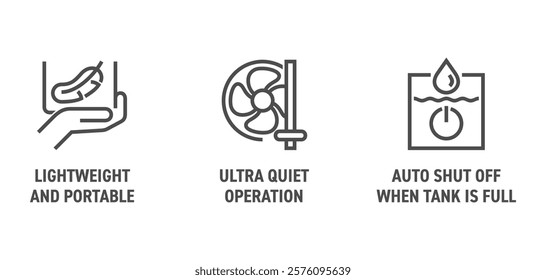 Room air dehumidifier characteristics icons set - Ultra Quiet Operation, Lightweight and Portable, Auto Shut-off when water tank is full. Pictograms for labeling in bold line