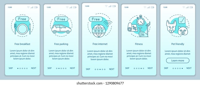 Room amenities onboarding mobile app page screen vector template. Hotel facilities and services walkthrough website steps. Choosing apartment. All inclusive. UX, UI, GUI smartphone interface concept