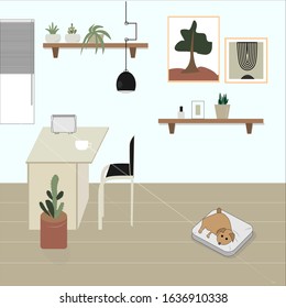 room in the apartment. the dog lies on the ottoman. there are flowers on the shelves, paintings hang on the wall. there is a table and a chair. Blinds are hanging on the window.