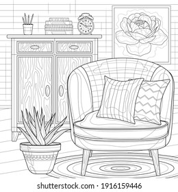 A room with an armchair and a chest of drawers.Coloring book antistress for children and adults. Zen-tangle style.Black and white drawing.Hand draw