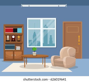 Room Armchair Table Plant Bookshelf Trophy Clock Window City