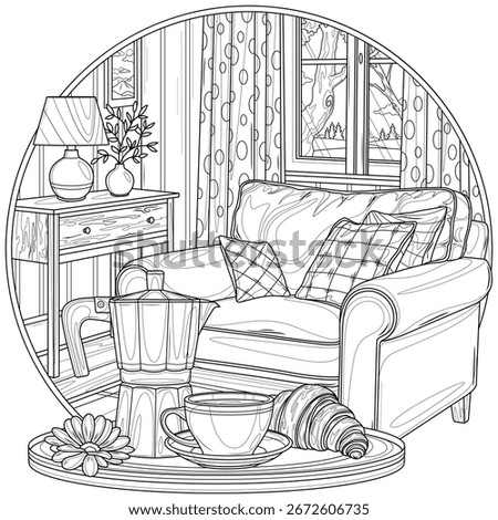 Room with armchair and window in circle frame. Interior.Coloring book antistress for children and adults. Illustration isolated on white background.Zen-tangle style. Hand draw