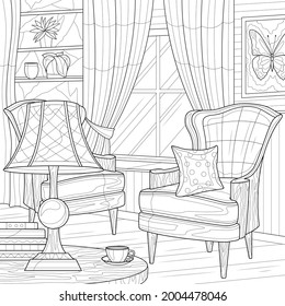 A room with armchairs and a lamp. Interior.Coloring book antistress for children and adults. Illustration isolated on white background.Zen-tangle style. Black and white drawing