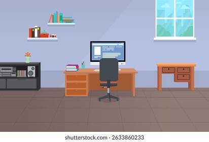 Room Background Vector, Room with Computer Table Background Illustration