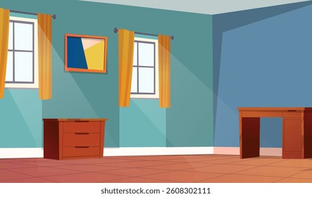 Room Background Vector, Empty Room Background, table, windows, run rays, cartoon room background illustration