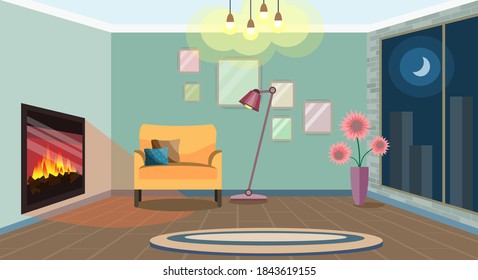 Room with beautiful beds, panoramic windows and a luxurious fireplace. Vector illustration