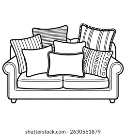 En la habitación hermoso sofá ilustración Vector para colorear página