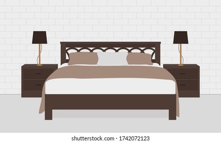 A room with a bed, bedside tables and lamps on a brick wall background