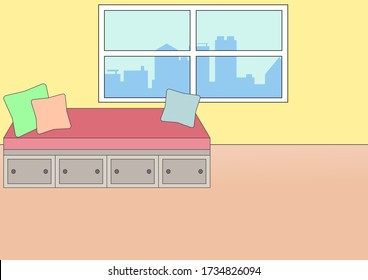 
A room with a bed with drawers and three pillows, a window with a city view, a pink carpet and a yellow wall cartoon vector