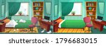 Room before and after cleaning. Comparison of messy bedroom and clean kid bedroom. Home interior after tiding service. Dirty window, bed, paper around room. Table and bookshelf vector illustration