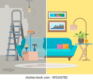 Room before and after repair. Home interior renovation. Flat style vector illustration.