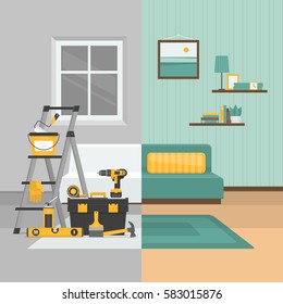 Room before and after repair. Home interior renovation. Flat style, vector illustration.