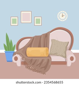 Room with beige sofa and accessories vector illustration. Cartoon drawing of cozy couch with cushions and brown blanket or covering. Interior design, furniture, decoration concept