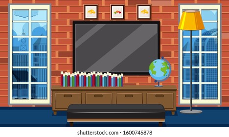 Room with big TV screen and books illustration