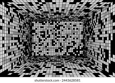 A room with a black and gray color background and a lot of pixels in perspective