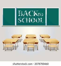 Room with a blackboard on the wall, writing desk and chair. teacher's workplace.3D board. Back to school. Realistic Green board in a frame. and white floor.
