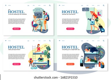 Room booking flat vector sitepages set. Hostel receptionist and lodgers, tourists with luggage cartoon characters. Hotel business, student dormitory check in, Accommodation reservation, sharing