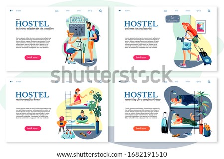 Room booking flat vector sitepages set. Hostel receptionist and lodgers, tourists with luggage cartoon characters. Hotel business, student dormitory check in, Accommodation reservation, sharing