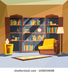 Room with books. House apartment with home library shelves inside of living room for reading vector picture. Illustration of bookshelf and armchair, interior library