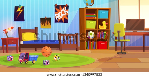 Room boy. Childrens interior bedroom kid child\
boy teenagers apartment bed toys playroom home furniture, cartoon\
vector background