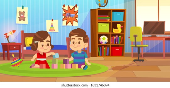 Room boy. Kids playing in bedroom apartment, child sitting on carpet with friend, toys in family playroom, home nursery furniture, kindergarten or preschool concept flat cartoon vector illustration