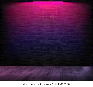 A room with a brick wall on which neon shines. Pink neon. Vector illustration