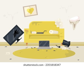 Room with broken furniture and appliances vector illustration. Cartoon drawing of damaged yellow sofa, TV, laptop, kettle, photo frame. Household, technology, damage, domestic violence concept