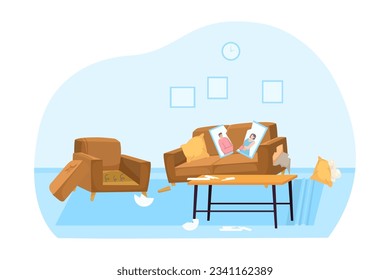 Room with broken furniture vector illustration. Destroyed couch and armchair with couple portrait broken in half after family fight. Domestic violence, abusive relationship concept