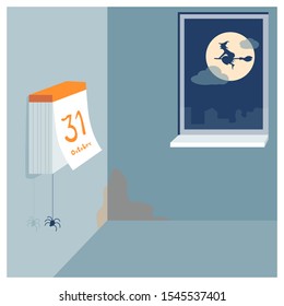 Room with a calendar dated October 31 and a window with a witch in the background of the moon