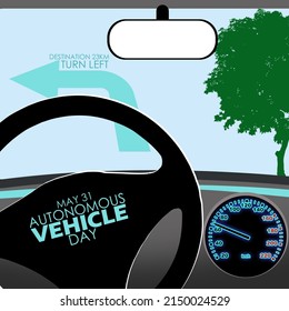 The room in a car that is driving automatically with directions that appear digitally on the windshield with bold texts, Autonomous Vehicle Day May 31