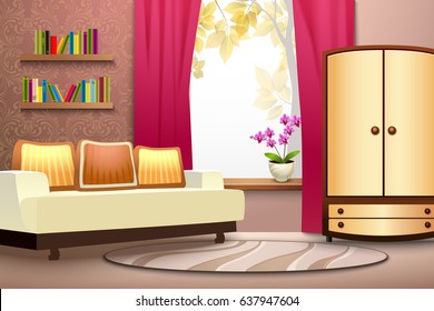 Room cartoon interior with sofa wardrobe curtains and books  vector illustration