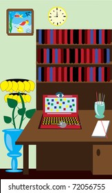 room with catoon laptop, table, flower. Illustration