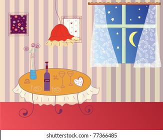 Room with celebration table and window cartoon