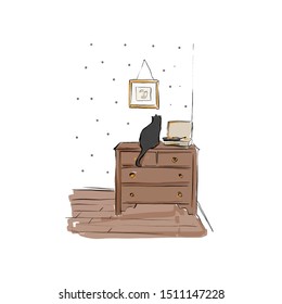 Room with a chest of drawers on which a vinyl player plays, a black cat sits and looks at the picture. Interior wallpaper in peas. Hand drawn watercolor illustration