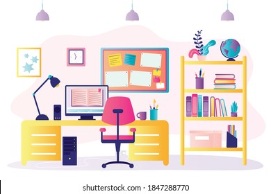 Room of child. Workplace interior design. Computer and lamp on desk. Home workspace with desktop, books, cork board. Concept of e-learning, education and homeschooling. Trendy flat vector illustration