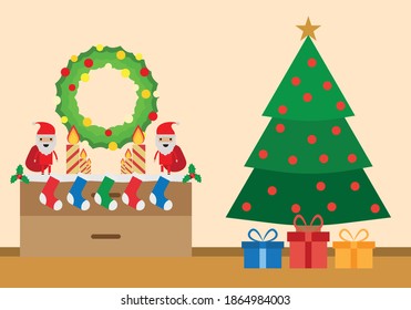 Room with Christmas decorations and Christmas pine.