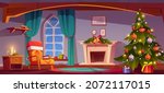 Room at Christmas night, empty home interior with fireplace, burning candles, decorated fir tree with gifts and presents and cozy armchair with santa hat decor. Xmas eve Cartoon vector illustration